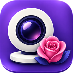 RosalindCam app icon: a webcam with a pink rose on purple.