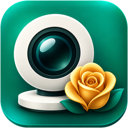 RosalindCam Studio app icon: a webcam with a gold rose on emerald green.